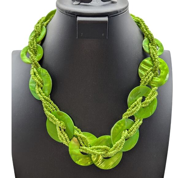 Lime Green Round Shell Disk Seed Bead Statement 23"-26" Necklace - Picture 4 of 4